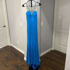 Studio 17 Prom Gown Blue Maxi Jewel 💎 Embellished Mesh Sleeveless Size 0 Formal